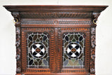 Amazing Antique French Heavily Carved Hunt Cabinet With Stained Glass Doors