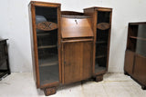 Antique English Oak Drop Front Secretary Desk With Side by Side Glass Bookcases