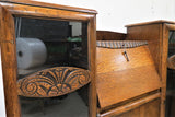 Antique English Oak Drop Front Secretary Desk With Side by Side Glass Bookcases