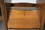 Antique English Oak Drop Front Secretary Desk With Side by Side Glass Bookcases