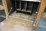 Antique English Oak Drop Front Secretary Desk With Side by Side Glass Bookcases