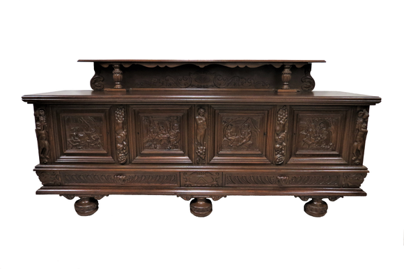 Vintage French Bruegel Style Carved Sideboard or Buffet With 1/4 Canopy
