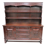 Antique Gothic Influenced Dark Oak Welch Cupboard With Plate Rack Topper