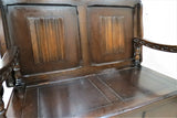 Antique English Monks Bench With Linen Fold Carving, Flip Top and Storage