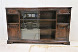Vintage English Carved Dark Oak Bookcase With Sliding Glass Doors