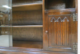 Vintage English Carved Dark Oak Bookcase With Sliding Glass Doors