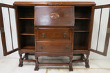 Antique English Elizabethan Tiger Oak Drop Front Secretary Desk With Bookcase Cabinets Circa 1870