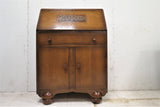 Vintage English Art Deco Carved Oak Secretary Desk With Cannonball Feet