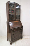 Vintage Art Deco Drop Front Secretary With Leaded Glass Bookcase Topper