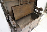 Vintage English Monks Bench With Lion Carvings and Under Seat Storage