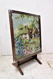 Vintage English Oak Flip Top Fire Screen With Needlepoint Under Glass