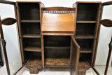 Antique English Oak Drop Front Secretary Desk With Side by Side Glass Bookcases