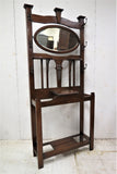 Antique English Tiger Oak Mirrored Hall Tree With Glove Box