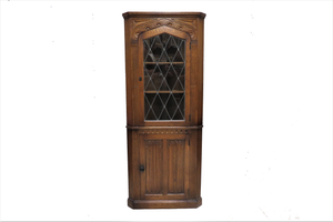 Vintage English Tiger Oak Linen Fold Corner Cabinet