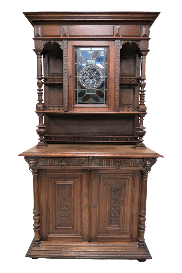 Antique French Gothic Revival Carved Hunt Cabinet With Stained Glass Circa 1880
