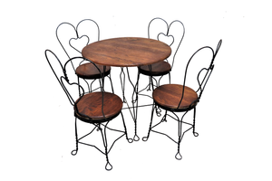 Vintage Twisted Metal and Oak Ice Cream Parlor Table and 4 Chairs