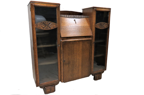 Antique English Oak Drop Front Secretary Desk With Side by Side Glass Bookcases