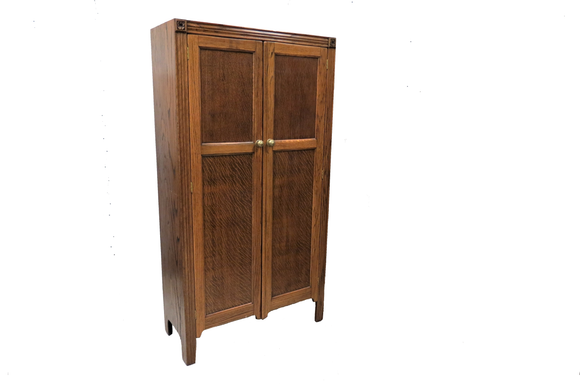 Vintage English Tiger Oak Double Door Fitted Gentleman's Wardrobe