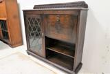 Antique English Oak Drop Front Secretary With Leaded Glass Bookcase Cabinet