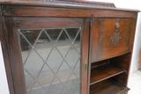 Antique English Oak Drop Front Secretary With Leaded Glass Bookcase Cabinet