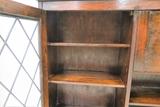 Antique English Oak Drop Front Secretary With Leaded Glass Bookcase Cabinet