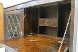 Antique English Oak Drop Front Secretary With Leaded Glass Bookcase Cabinet